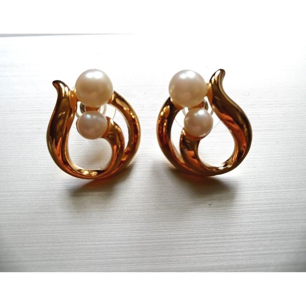 Vintage Double Faux Pearls Gold Tone Curvy Post Earrings